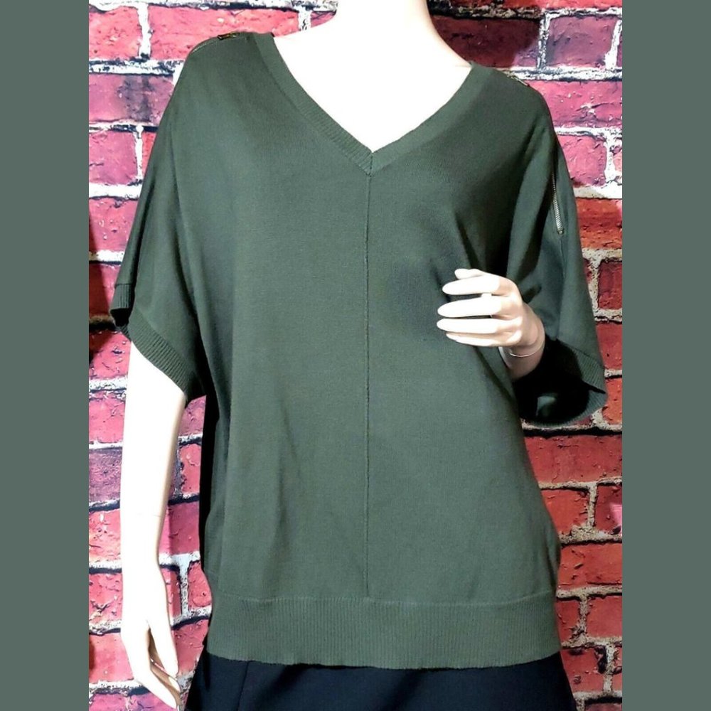 Dress Barn V Neck Short Kimono Sleeve Green Zipper Detail Sweater Size Womens 1X